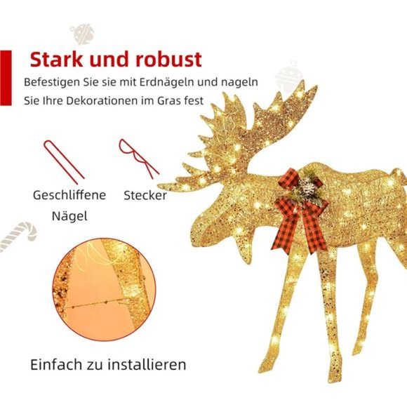 Lighted Christmas Decor Moose Family - Light up Moose 2 Set w/ 135 Lights - Gold - Picture 3 of 6